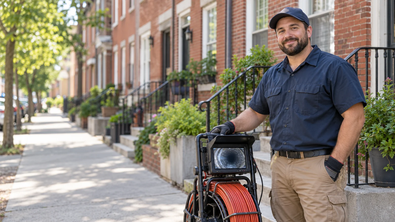Illustrative sewer technician outside Philadelphia-style homes